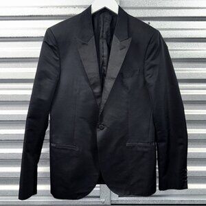 LANVIN black laine blend 1-button peak lapel tuxedo blazer jacket
